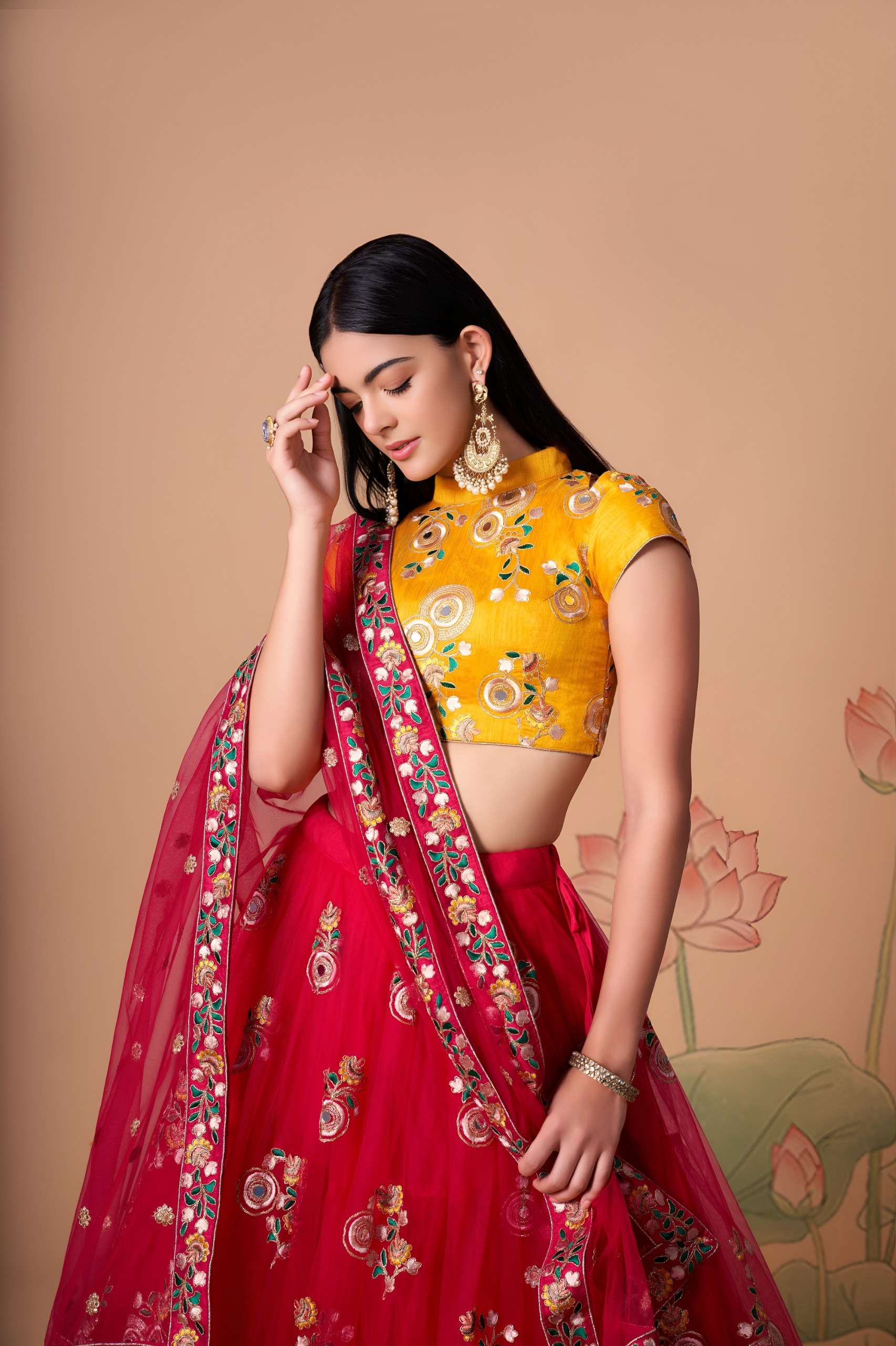 Rani Pink & Mustard colour Mirror Floral Lehenga Choli wholesale in surat 7323 Rani 